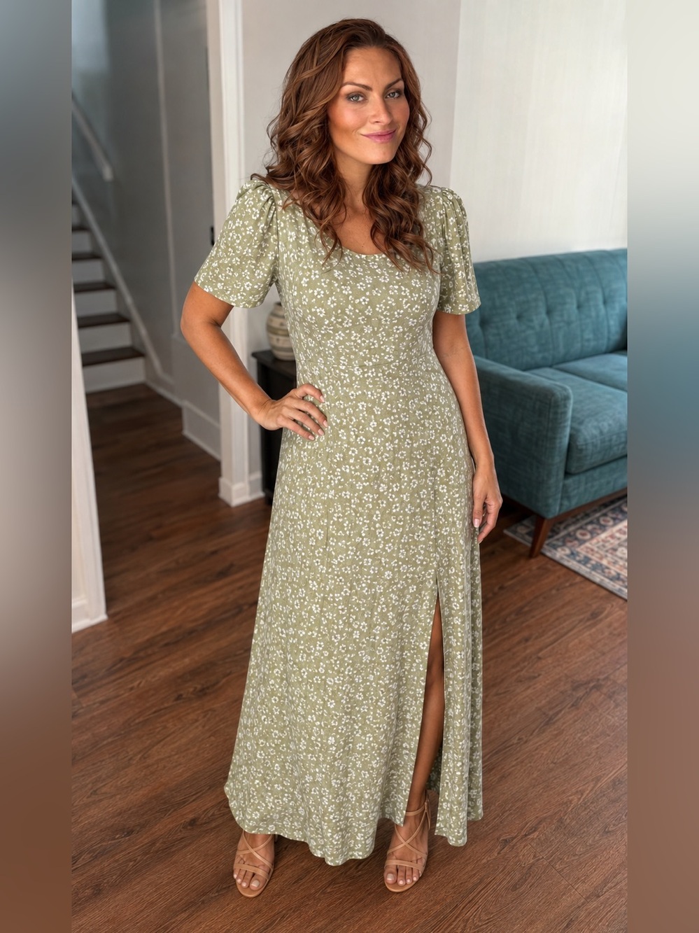 Francesca’s Miami Sage Green Floral Open Back Slit Maxi Dress Size Medium